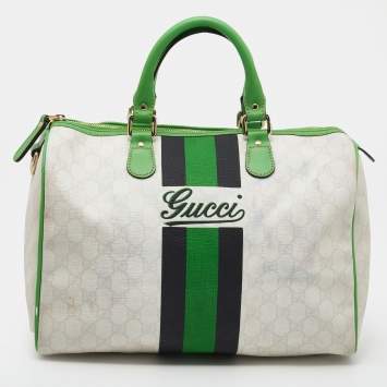 Pre Owned Gucci White/Green GG Supreme Canvas And Leather Medium Web Stripe Joy Boston Bag