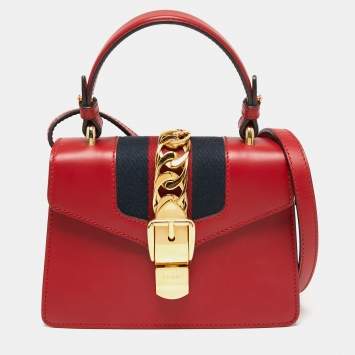 Pre Owned Gucci Red Leather Mini Web Sylvie Top Handle Bag