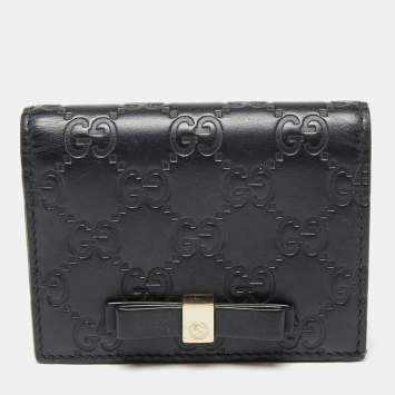 Pre Owned Gucci Black Guccissima Leather Bow Flap Card Case