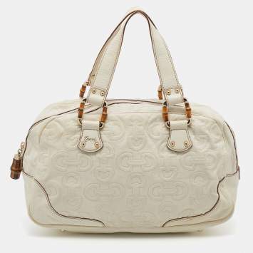Pre Owned Gucci Cream Horsebit Embossed Leather Satchel