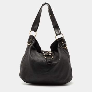 Pre Owned Gucci Black Leather and Crocodile Trim Medium G Wave Hobo
