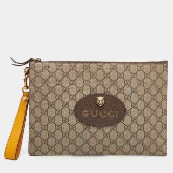 Pre Owned Gucci Beige/Yellow GG Supreme Canvas and Leather Neo Vintage Pouch
