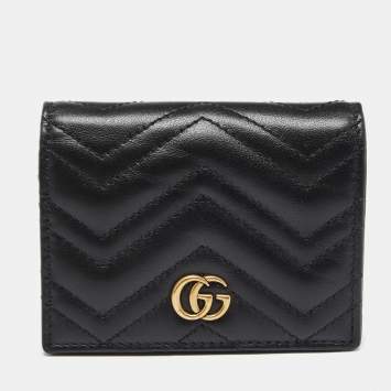 Pre Owned Gucci Black Matelassé Leather GG Marmont Card Case