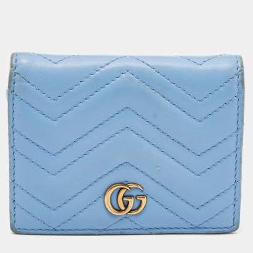 Pre Owned Gucci Blue Matelassé Leather GG Marmont Card Case