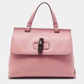 Pre Owned Gucci Pink Leather Small Bamboo Daily Top Handle Bag