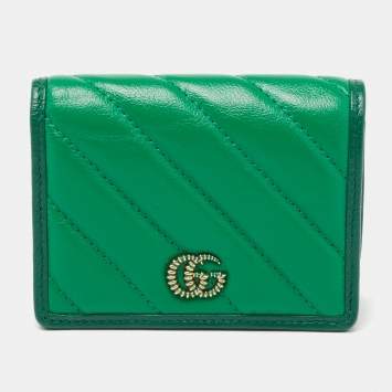 Pre Owned Gucci Green Diagonal Quilt Leather Torchon GG Marmont Card Case 