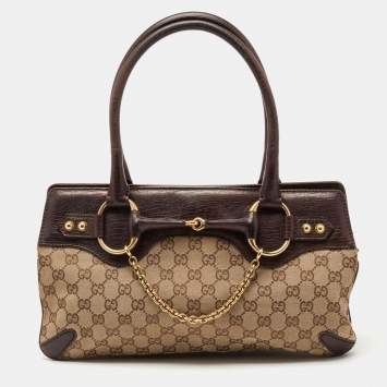 Pre Owned Gucci Beige/Dark Brown GG Canvas and Leather Horsebit Chain Tote