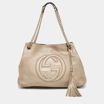 Pre Owned Gucci Light Gold Grained Leather Medium Soho Chain Tote