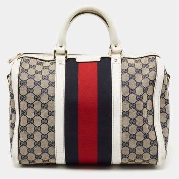 Pre Owned Gucci White/Navy Blue GG Canvas and Leather Medium Vintage Web Boston Bag