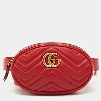 Pre Owned Gucci Red Matelassé Leather GG Marmont Belt Bag 