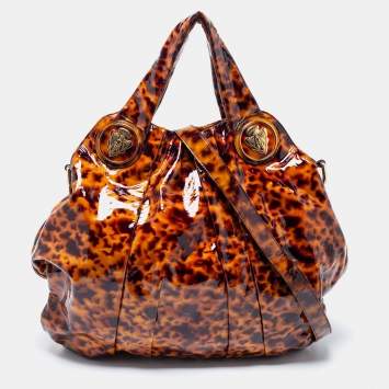 Pre Owned Gucci Brown/Black Tortoise Shell Patent Leather Large Hysteria Hobo
