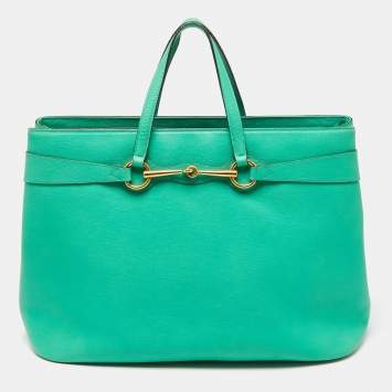 Pre Owned Gucci Green Leather Large Bright Bit Tote