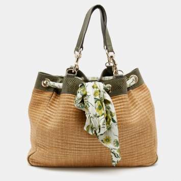 Pre Owned Gucci Beige/Green Raffia And Python Positano Tote