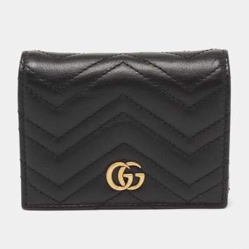Pre Owned Gucci Black Matelasse Leather GG Marmont Card Case