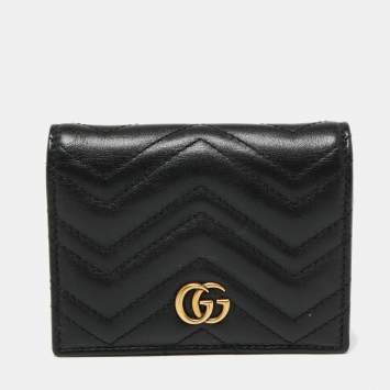 Pre Owned Gucci Black Matelassé Leather GG Marmont Card Case