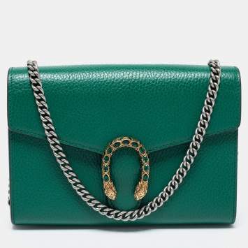 Pre Owned Gucci Green Leather Dionysus Wallet On Chain