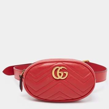 Pre Owned Gucci Red Matelassé Leather GG Marmont Belt Bag