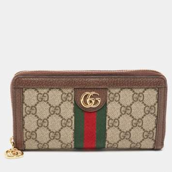 Pre Owned Gucci Brown/Beige GG Supreme Canvas and Leather Ophidia Zip Around Wallet