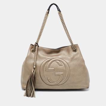 Pre Owned Gucci Light Gold Leather Medium Soho Chain Tote