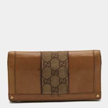 Pre Owned Gucci Tan/Beige GG Canvas and Leather Flap Continental Wallet