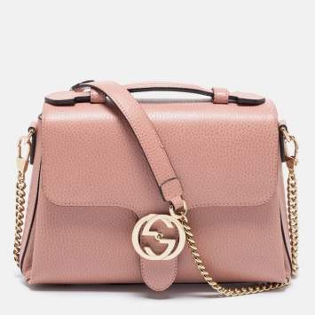 Pre Owned Gucci Dusty Pink Leather Dollar Interlocking G Top Handle Bag