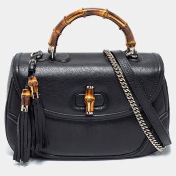 Pre Owned Gucci Black Leather Large New Bamboo Tassel Top Handle bag