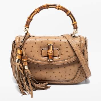 Pre Owned Gucci Tan Ostrich Medium Tassel New Bamboo Top Handle Bag
