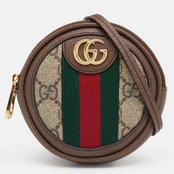 Pre Owned Gucci Beige/Brown GG Supreme Canvas And Leather Ophidia Round Coin Case
