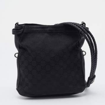 Pre Owned Gucci Black GG Canvas And Braided Leather Handle Shoulder Bag