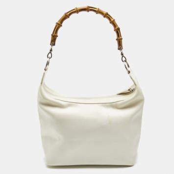Pre Owned Gucci White Canvas And Leather Peggy Bamboo Hobo
