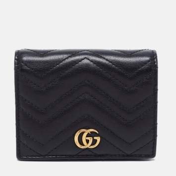 Pre Owned Gucci Black Matelassé Leather GG Marmont Card Case