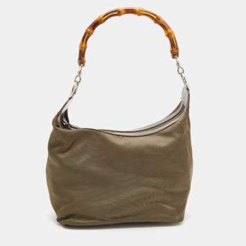 Pre Owned Gucci Olive Green Canvas And Patent Leather Peggy Bamboo Hobo