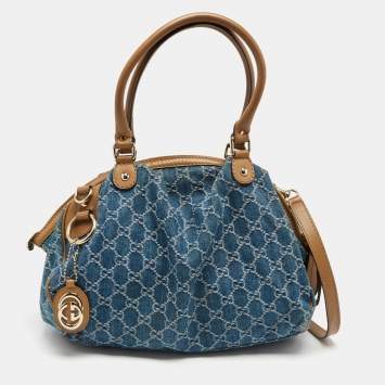 Pre Owned Gucci Blue/Brown GG Denim and Leather Medium Sukey Boston Bag