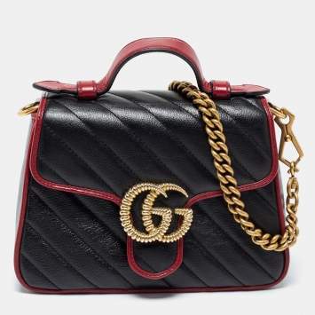 Pre Owned Gucci Black/Red Matelassé Leather Mini Marmont Top Handle Bag