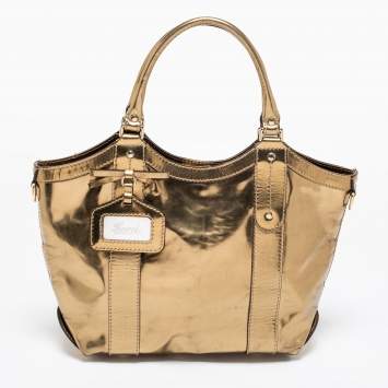 Pre Owned Gucci Gold Laminated Leather Vanity Tote