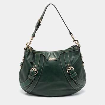 Pre Owned Gucci Green Leather Medium Crest Boule Hobo