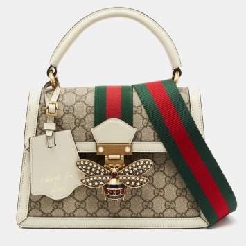 Pre Owned Gucci White/Beige Supreme Canvas and Leather Small Queen Margaret Top Handle Bag