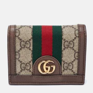 Pre Owned Gucci Brown GG Supreme Canvas and Leather Web Ophidia Card Case Wallet
