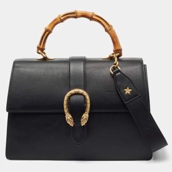 Pre Owned Gucci Black Leather Large Dionysus Bamboo Top Handle Bag