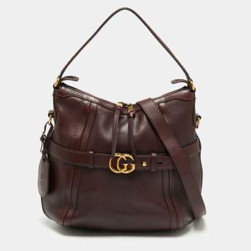 Pre Owned Gucci Dark Burgundy Leather Medium Double G Running Hobo       