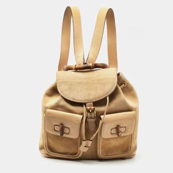 Pre Owned Gucci Beige Suede and Leather Bamboo Drawstring Backpack