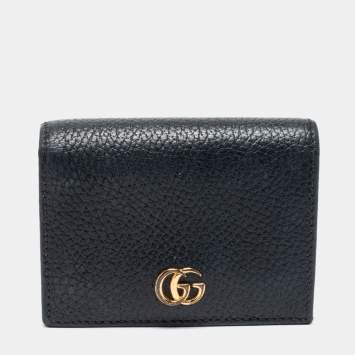 Pre Owned Gucci Black Leather GG Marmont Compact Folded Wallet