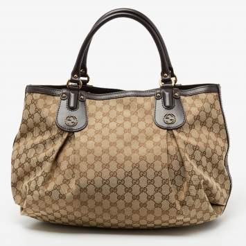 Pre Owned Gucci Beige/Brown GG Canvas and Leather Studded Scarlett Tote