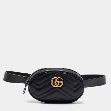 Pre Owned Gucci Black Matelassé  Leather GG Marmont Belt Bag