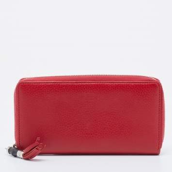 Pre Owned Gucci Red Leather Bamboo Tassel Zip Around Wallet