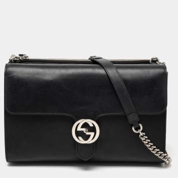 Pre Owned Gucci Black Leather Dollar Interlocking G Shoulder Bag