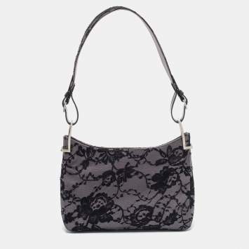 Pre Owned Gucci Grey/ Black Lace Shoulder Bag