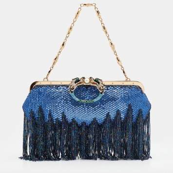 مملوكة مسبقًا Gucci Blue/Purple Crystal and Satin Fringe Dragon Embellished Evening Bag