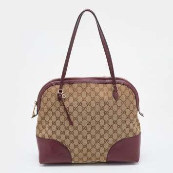 Pre Owned Gucci Beige/Burgundy GG Canvas And Leather Bree Satchel
