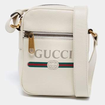 Pre Owned Gucci White Leather Logo Messenger Bag